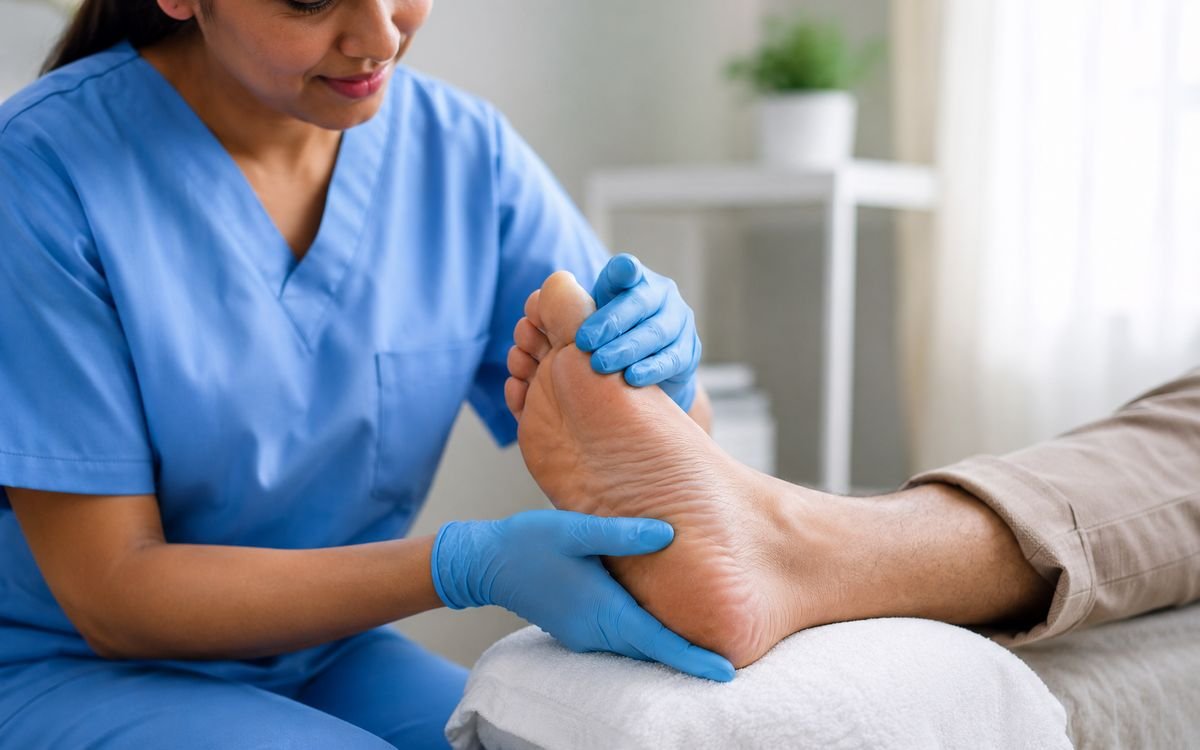 A nurse examining a patient's foot as part of diabetic wound care
