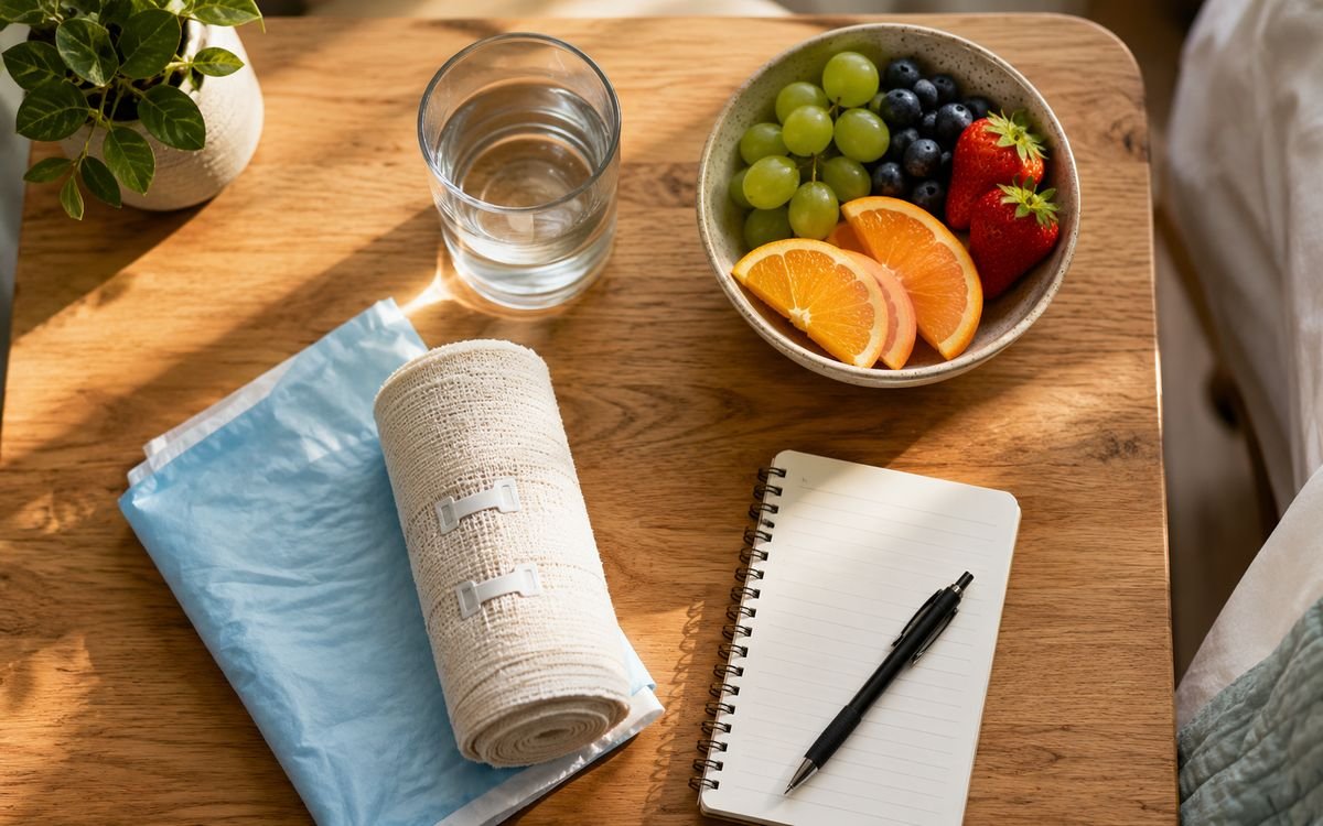 A patient's bandaged arm resting on a clean surface with water and healthy food nearby