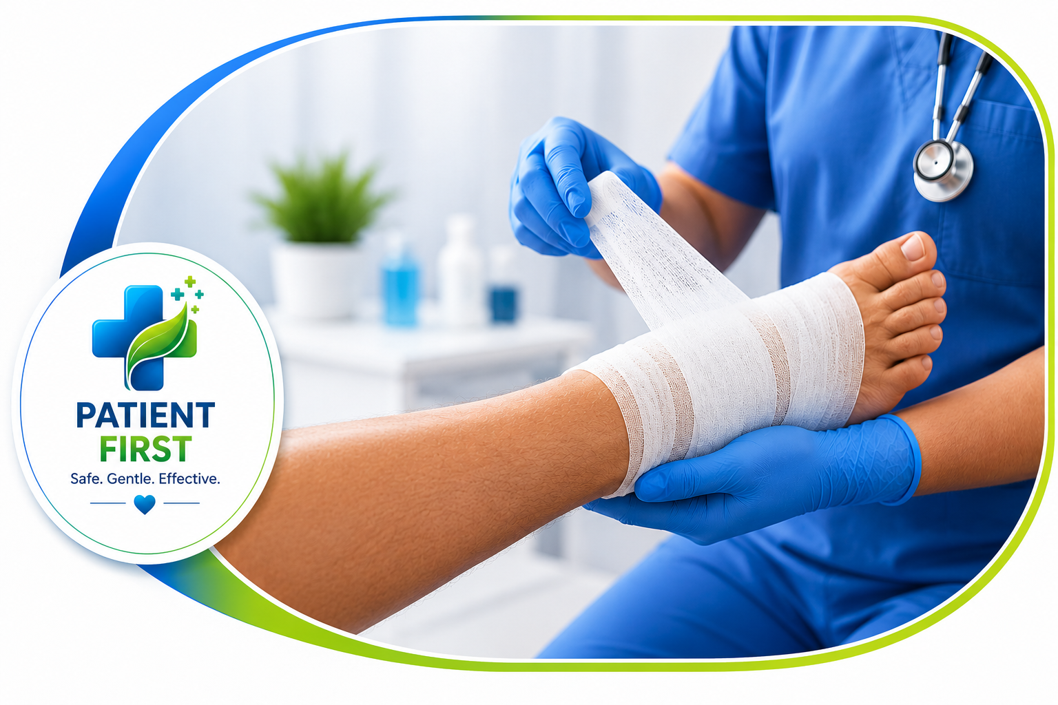 A wound care nurse carefully dressing a patient's foot and forearm, with a Patient First: Safe, Gentle, Effective badge