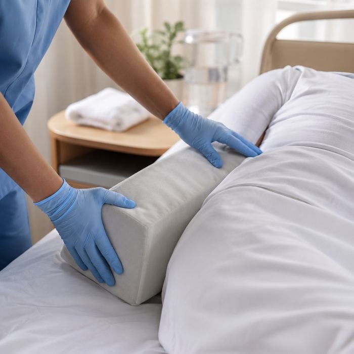 Nurse adjusting a pressure-relief cushion for a bedridden patient