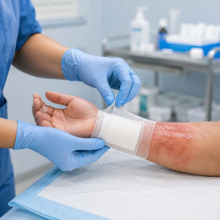 Nurse applying a burn dressing to a patient's arm