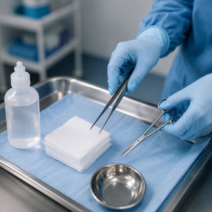 Nurse using sterile forceps and scissors over a wound-care instrument tray