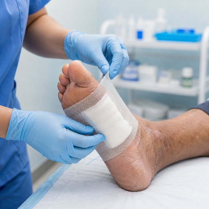 Nurse carefully dressing a patient's foot for diabetic wound care