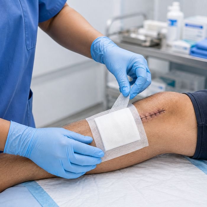 Nurse taping a fresh sterile dressing over a post-surgical incision site