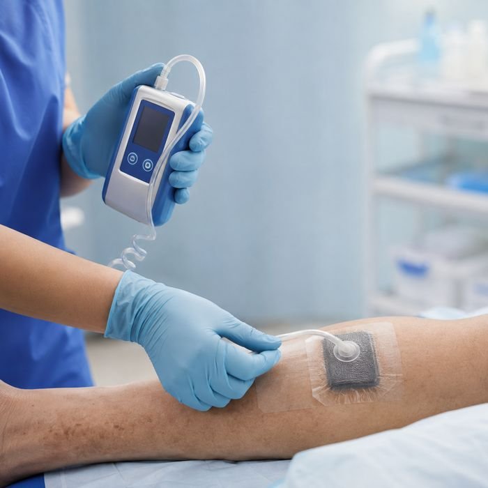 Nurse in blue gloves operating a negative pressure wound therapy pump connected to a dressing on a patient's leg