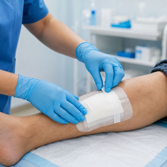 Nurse in blue gloves applying a sterile gauze dressing to a patient's arm