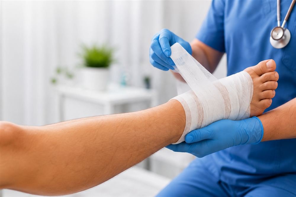 Wound care nurse service at home in Delhi: nurse in blue gloves wrapping a bandage around a patient's ankle and foot